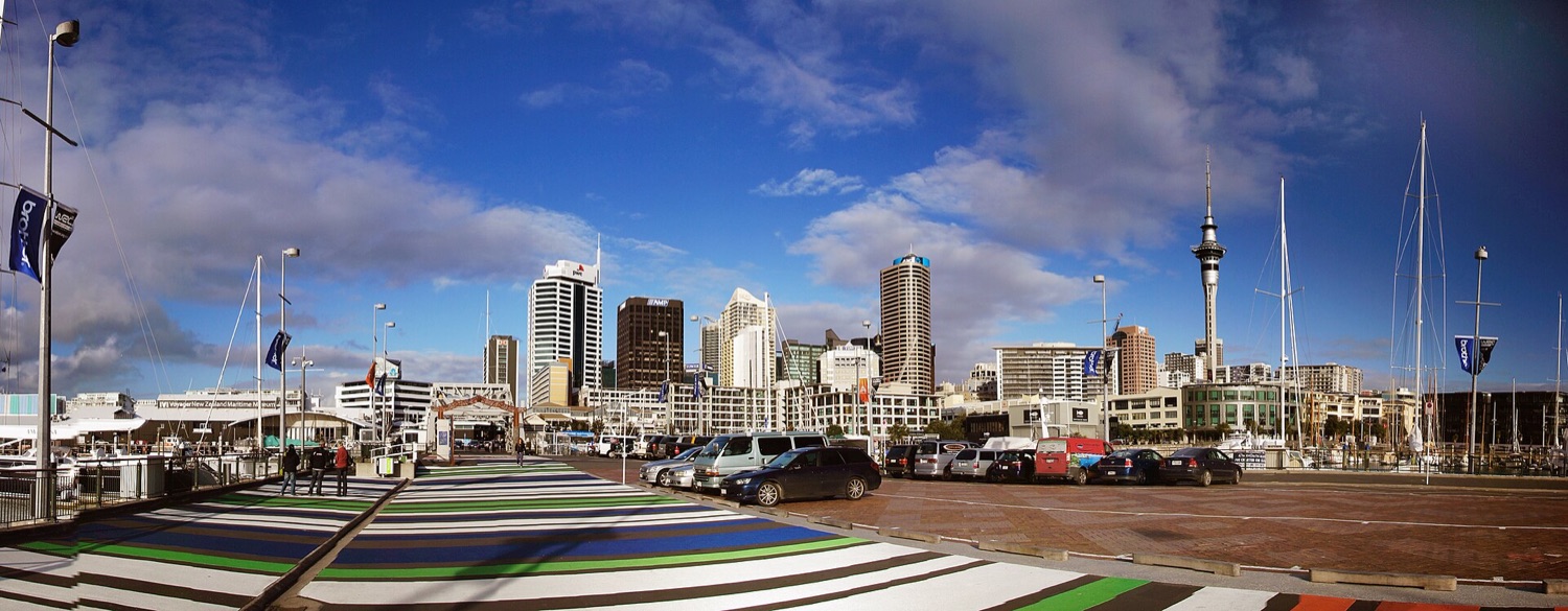 Auckland skyline and Sky Tower across the Waitematā Harbour